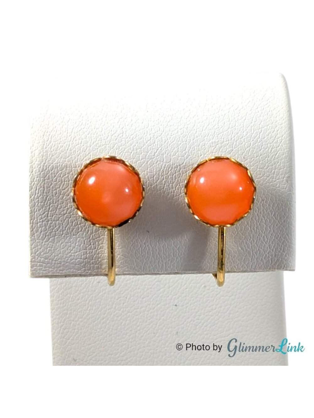 Vintage Orange Moonglow Cabochon Gold Tone Screw Back Earrings